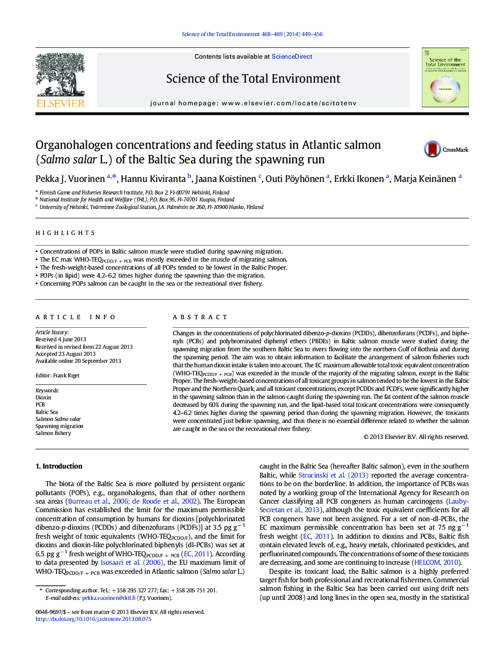 Organohalogen concentrations and feeding status in Atlantic salmon (Salmo salar L.) of the Baltic Sea during the spawning run