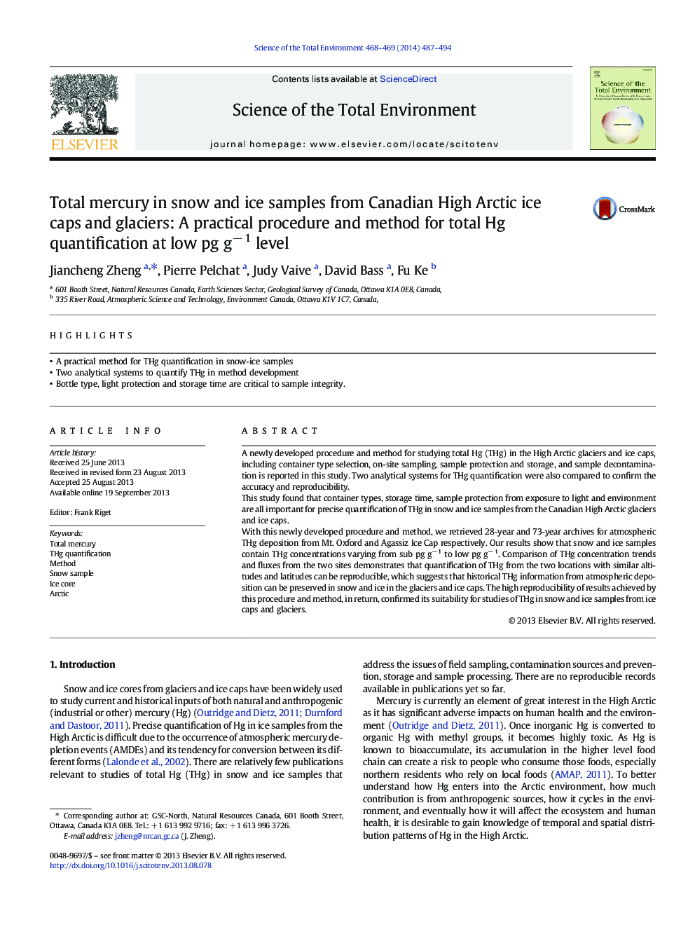 Total mercury in snow and ice samples from Canadian High Arctic ice caps and glaciers: A practical procedure and method for total Hg quantification at low pgÂ gâÂ 1 level