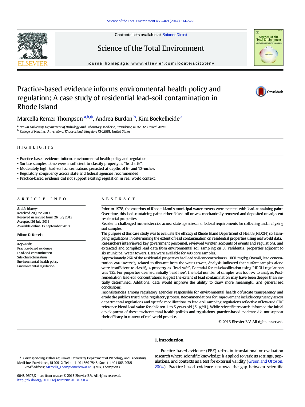 Practice-based evidence informs environmental health policy and regulation: A case study of residential leadâsoil contamination in Rhode Island