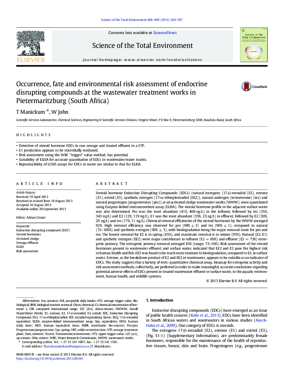 Occurrence, fate and environmental risk assessment of endocrine disrupting compounds at the wastewater treatment works in Pietermaritzburg (South Africa)
