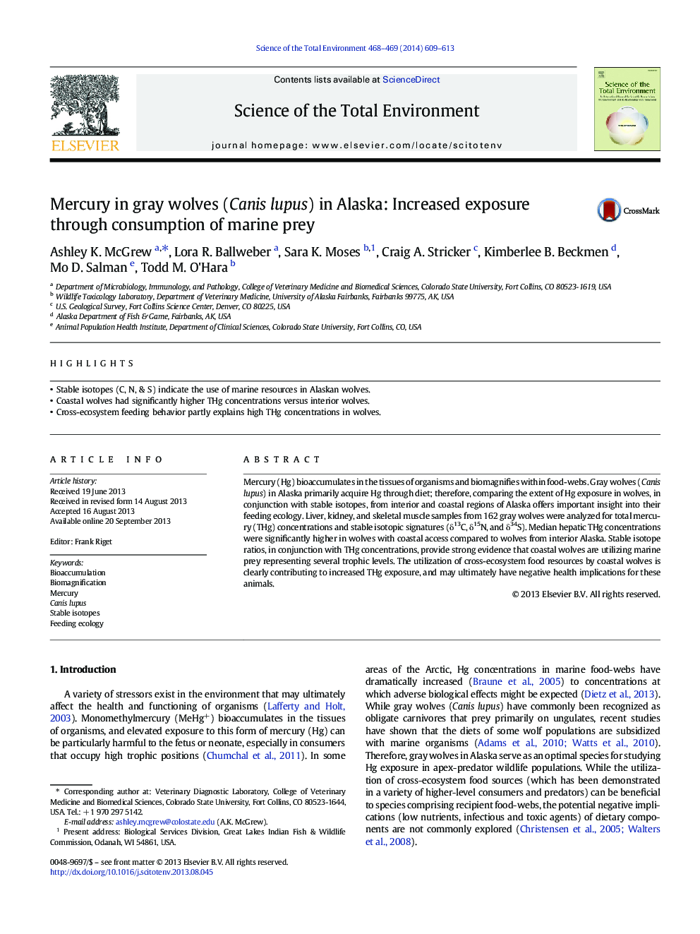 Mercury in gray wolves (Canis lupus) in Alaska: Increased exposure through consumption of marine prey