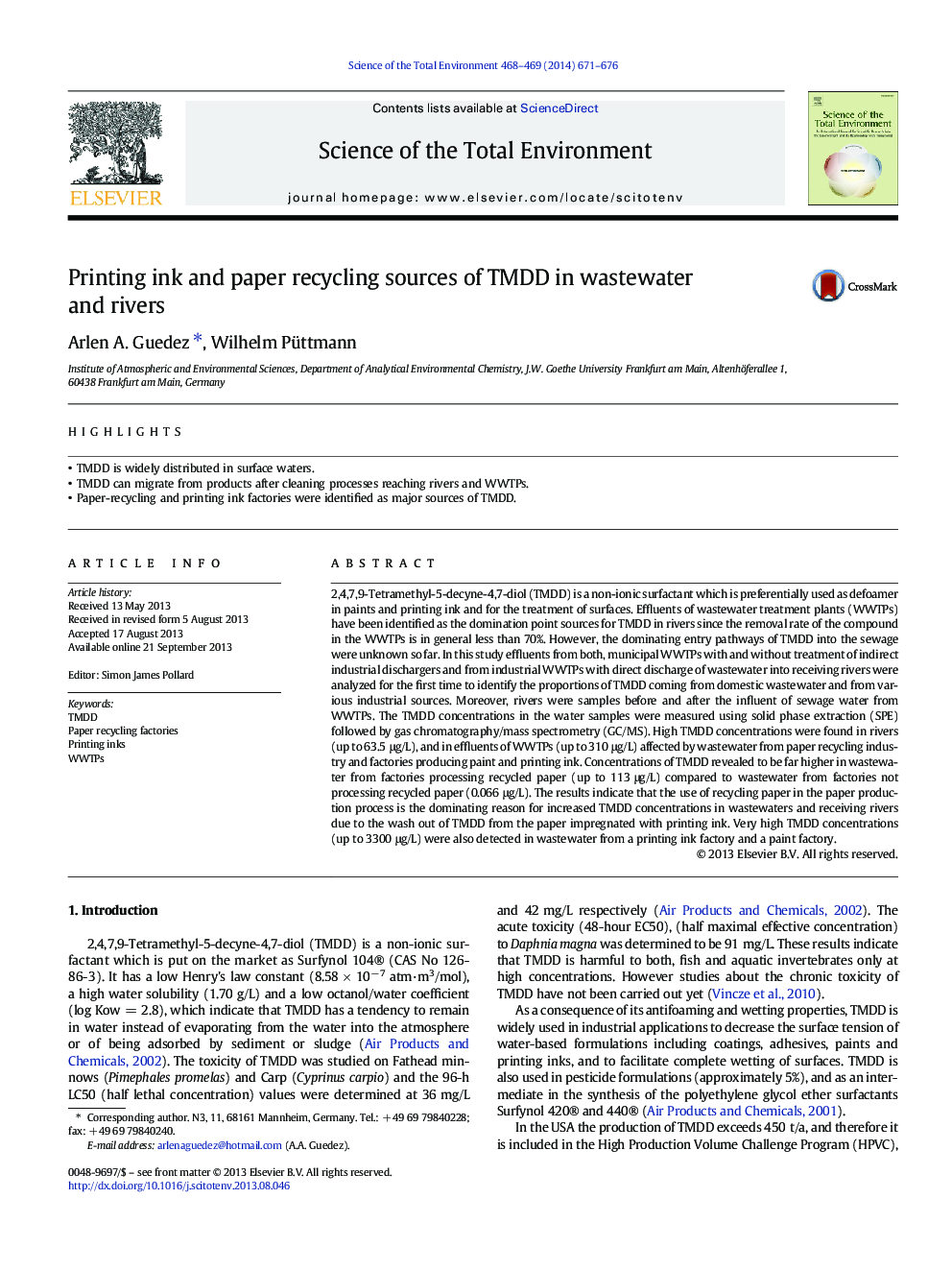 Printing ink and paper recycling sources of TMDD in wastewater and rivers