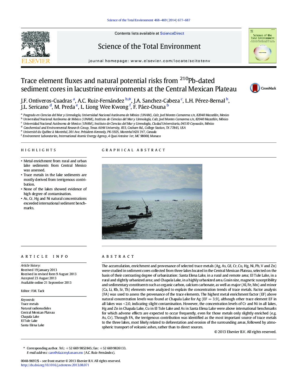 Trace element fluxes and natural potential risks from 210Pb-dated sediment cores in lacustrine environments at the Central Mexican Plateau