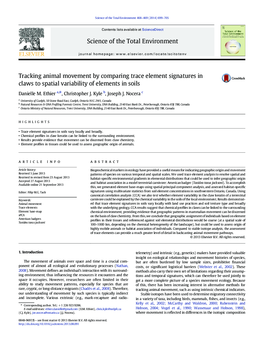 Tracking animal movement by comparing trace element signatures in claws to spatial variability of elements in soils