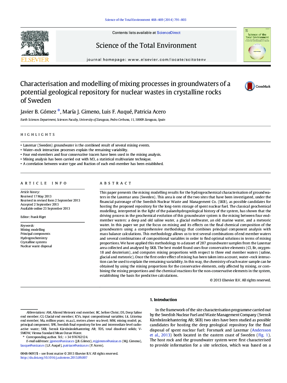 Characterisation and modelling of mixing processes in groundwaters of a potential geological repository for nuclear wastes in crystalline rocks of Sweden