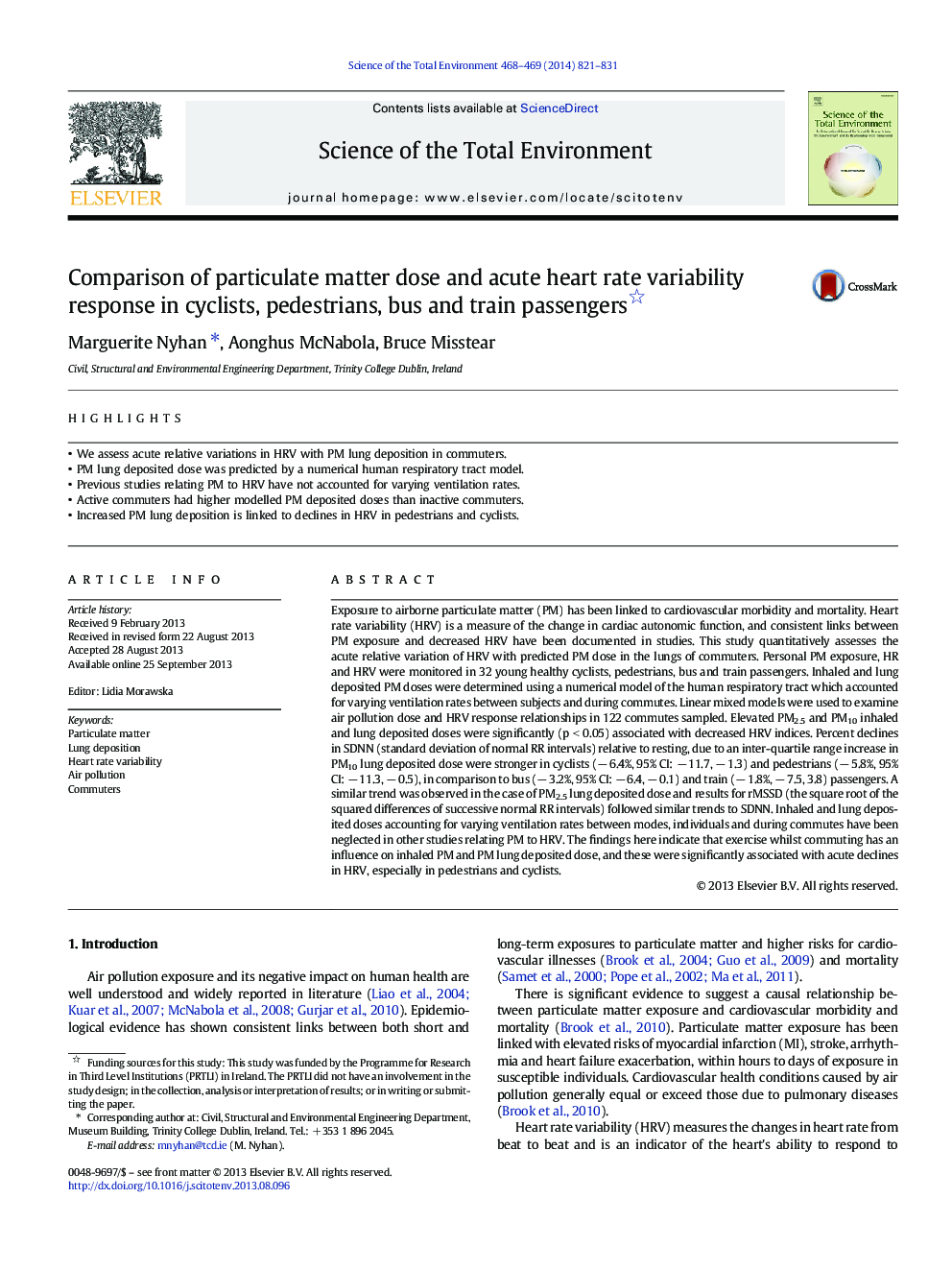 Comparison of particulate matter dose and acute heart rate variability response in cyclists, pedestrians, bus and train passengers