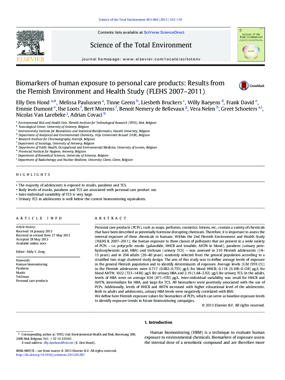 Biomarkers of human exposure to personal care products: Results from the Flemish Environment and Health Study (FLEHS 2007-2011)