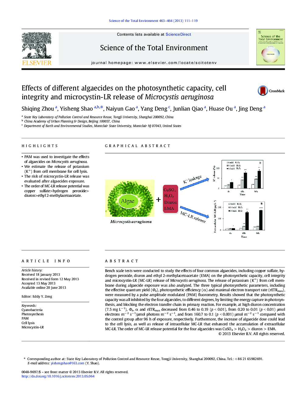 عکس صفحه اول مقاله: Effects of different algaecides on the photosynthetic capacity, cell integrity and microcystin-LR release of Microcystis aeruginosa Effects of different algaecides on the photosynthetic capacity, cell integrity and microcystin-LR release of Microcystis aeruginosa
