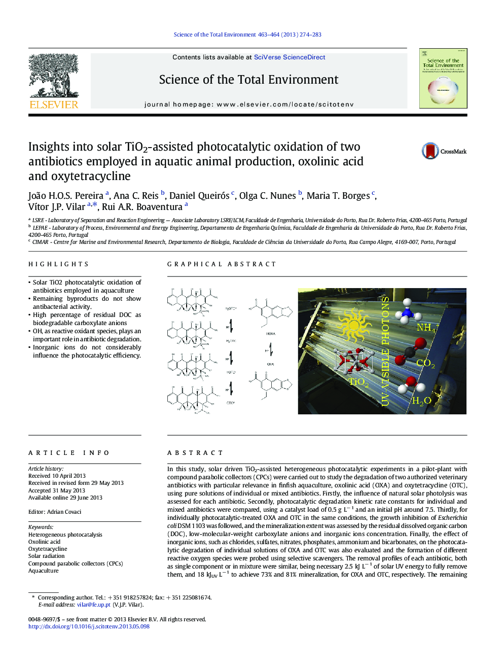 Insights into solar TiO2-assisted photocatalytic oxidation of two antibiotics employed in aquatic animal production, oxolinic acid and oxytetracycline