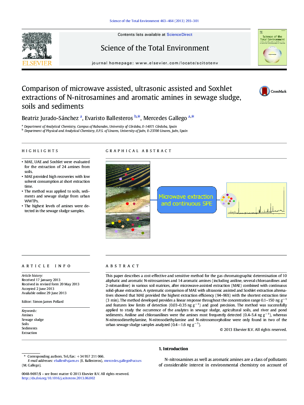 Comparison of microwave assisted, ultrasonic assisted and Soxhlet extractions of N-nitrosamines and aromatic amines in sewage sludge, soils and sediments