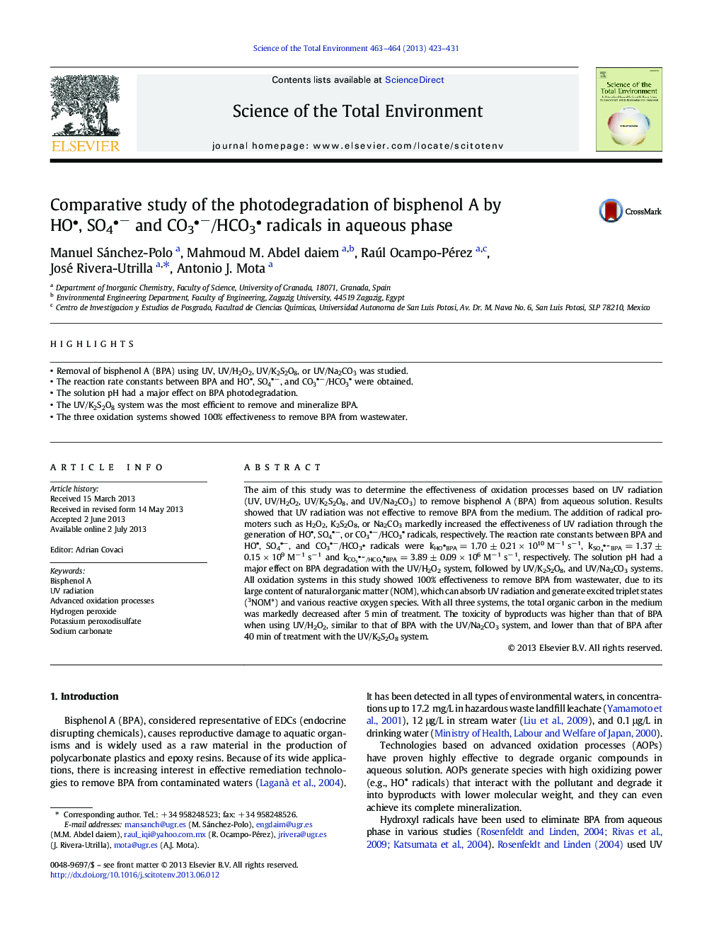 Comparative study of the photodegradation of bisphenol A by HO, SO4â and CO3â/HCO3 radicals in aqueous phase