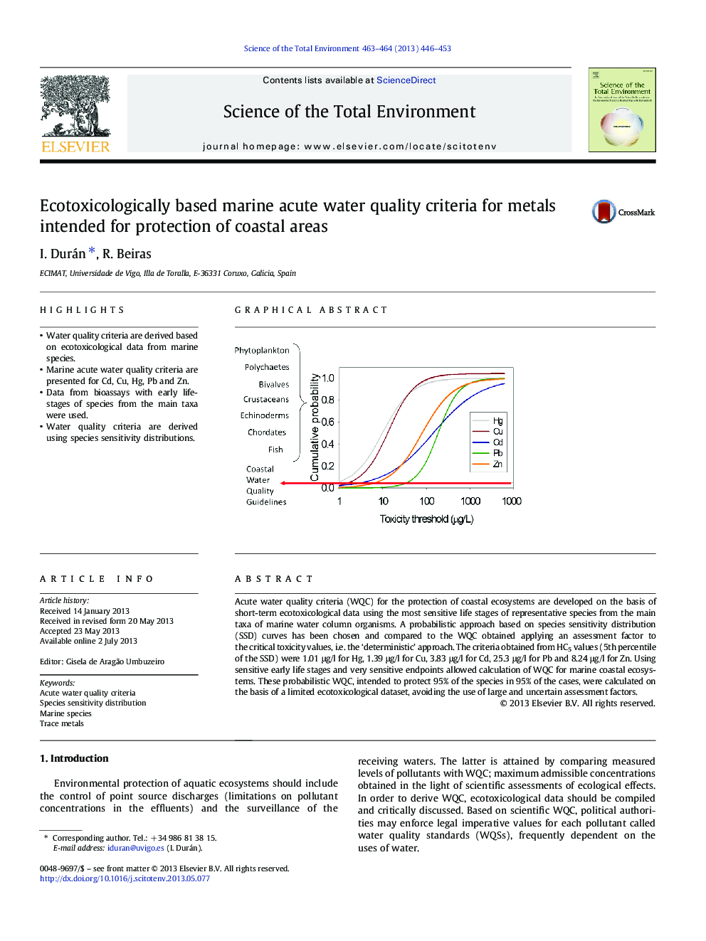 Ecotoxicologically based marine acute water quality criteria for metals intended for protection of coastal areas
