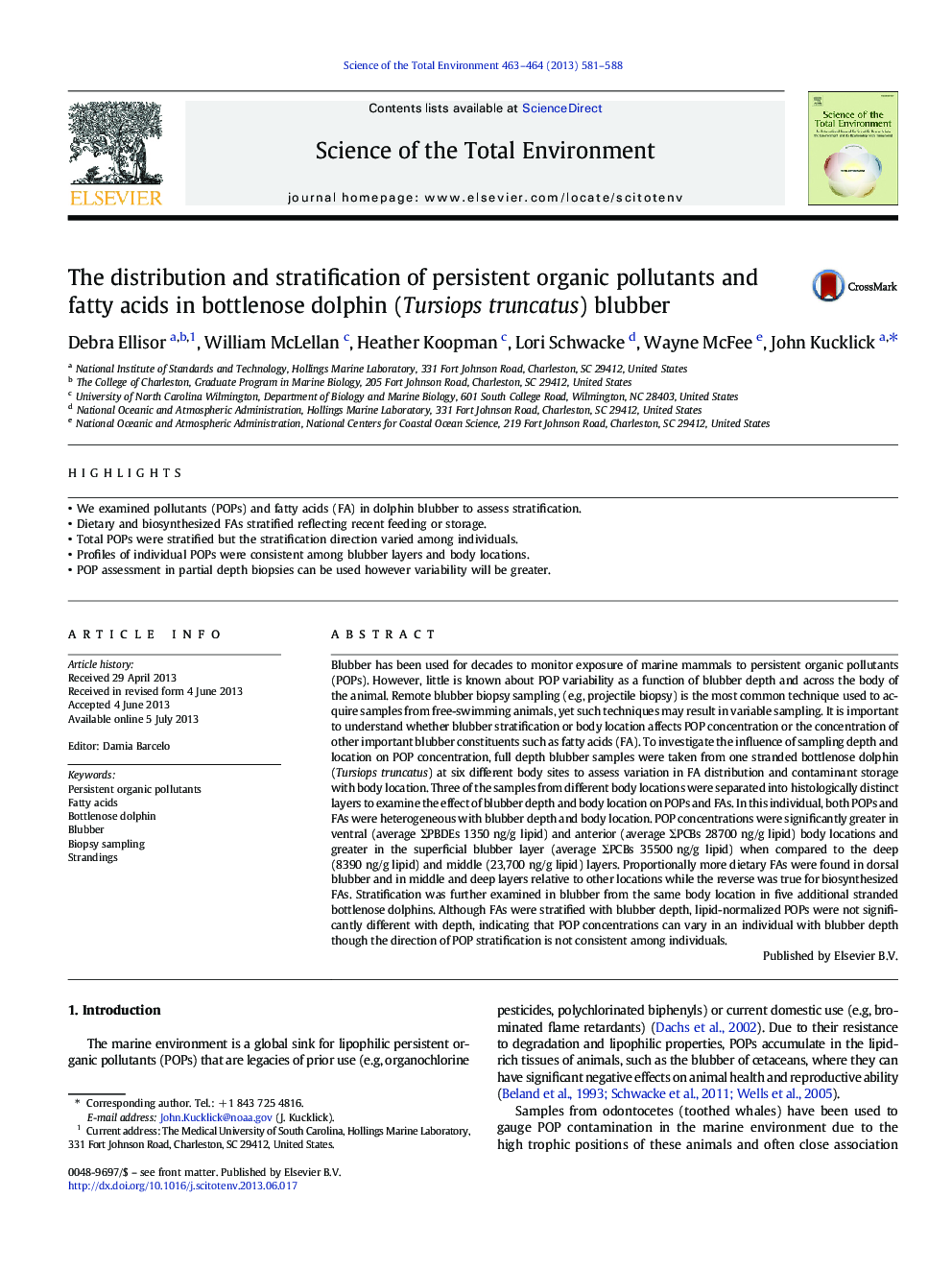 The distribution and stratification of persistent organic pollutants and fatty acids in bottlenose dolphin (Tursiops truncatus) blubber