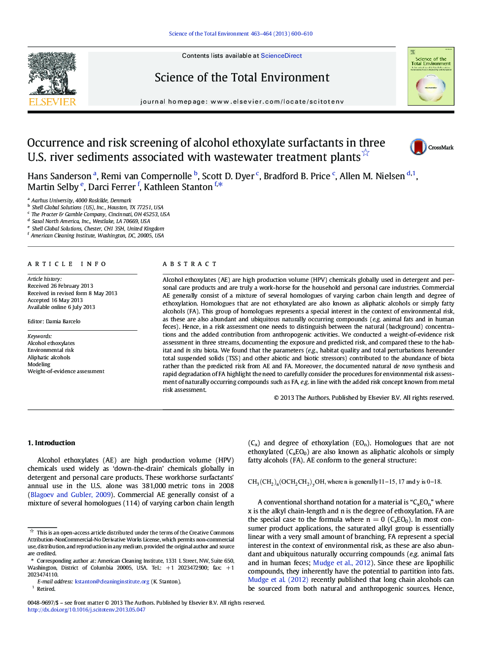 Occurrence and risk screening of alcohol ethoxylate surfactants in three U.S. river sediments associated with wastewater treatment plants