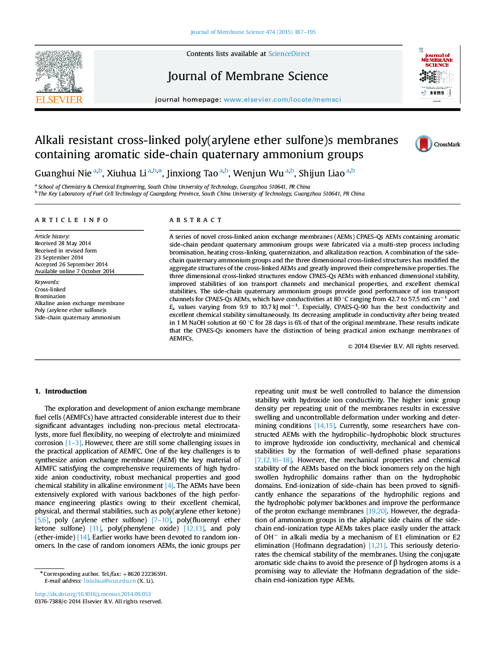 Alkali resistant cross-linked poly(arylene ether sulfone)s membranes containing aromatic side-chain quaternary ammonium groups