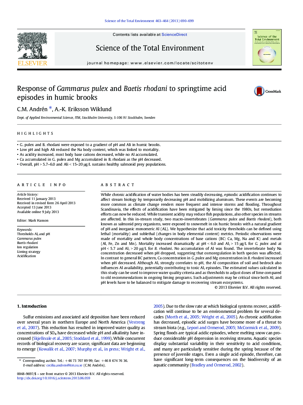 Response of Gammarus pulex and Baetis rhodani to springtime acid episodes in humic brooks