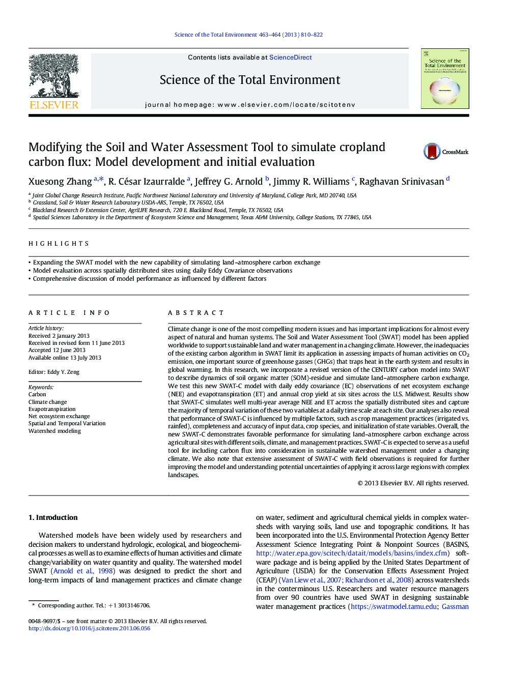 اصلاح ابزار ارزیابی خاک و آب برای شبیه سازی جریان کربن کشاورزی: ​​توسعه مدل و ارزیابی اولیه 