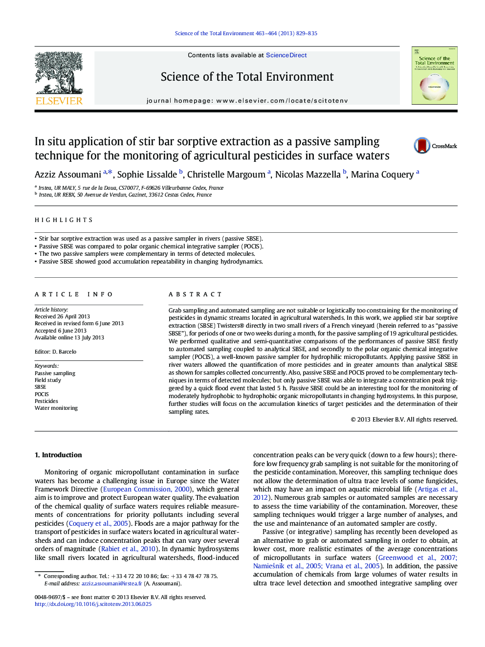 In situ application of stir bar sorptive extraction as a passive sampling technique for the monitoring of agricultural pesticides in surface waters