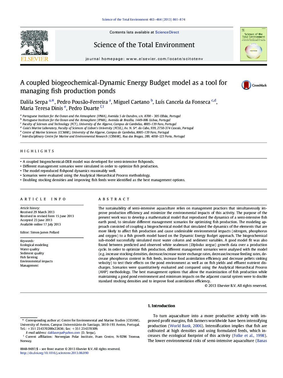 A coupled biogeochemical-Dynamic Energy Budget model as a tool for managing fish production ponds