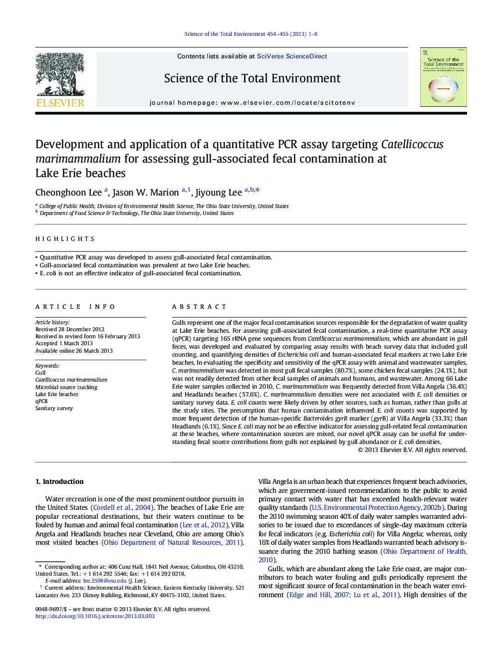 Development and application of a quantitative PCR assay targeting Catellicoccus marimammalium for assessing gull-associated fecal contamination at Lake Erie beaches