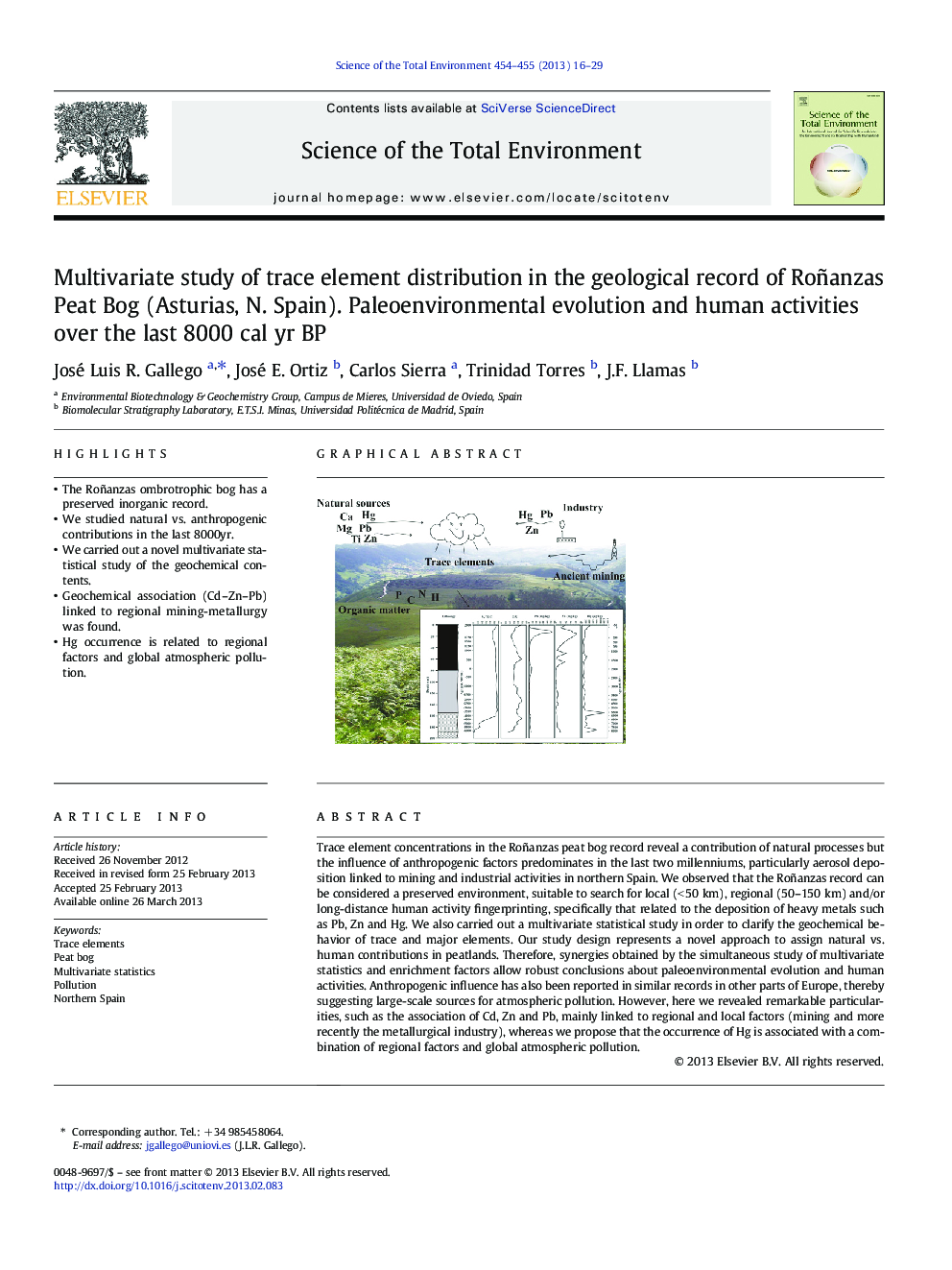 Multivariate study of trace element distribution in the geological record of Roñanzas Peat Bog (Asturias, N. Spain). Paleoenvironmental evolution and human activities over the last 8000Â calÂ yr BP