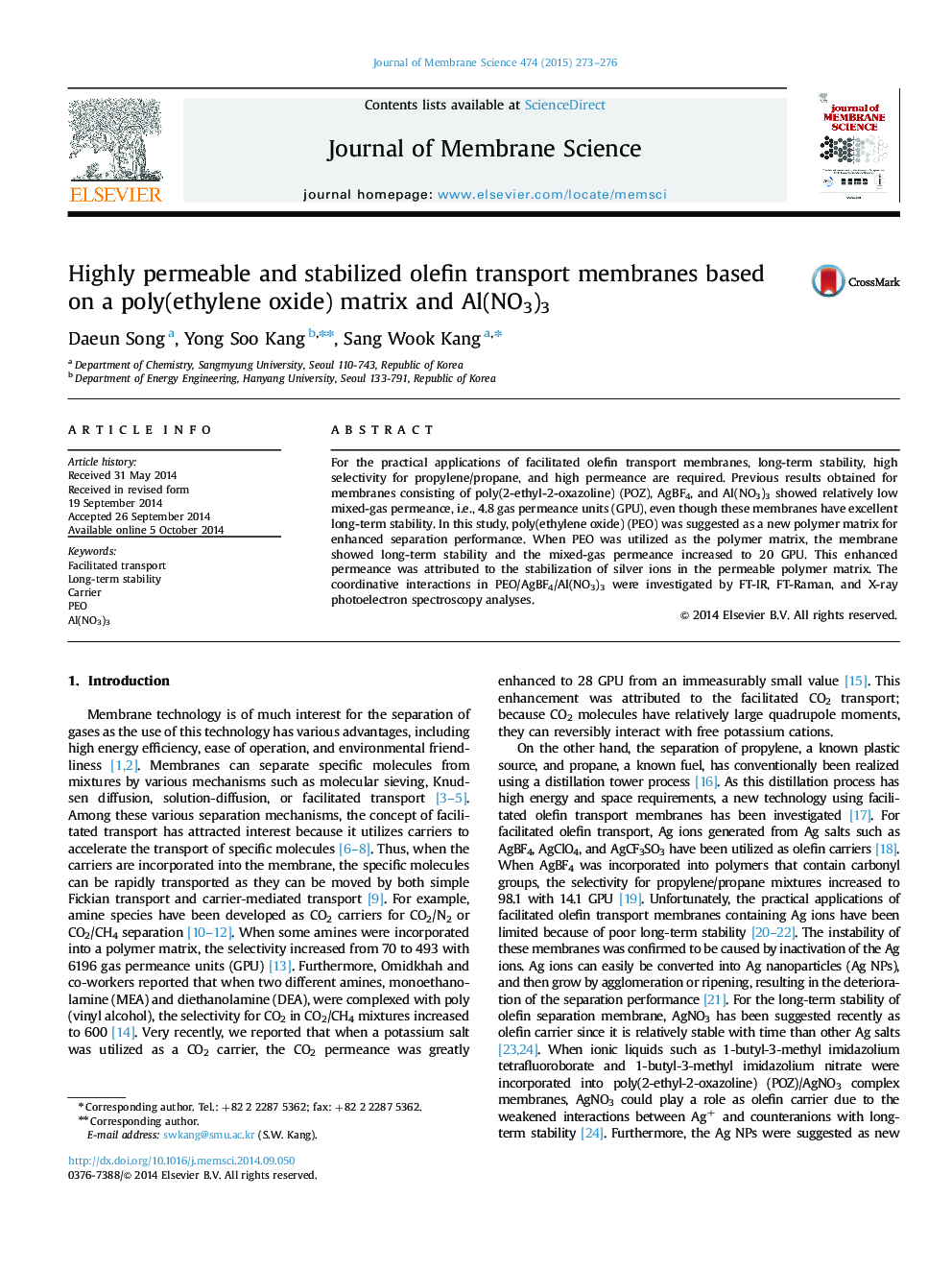 Highly permeable and stabilized olefin transport membranes based on a poly(ethylene oxide) matrix and Al(NO3)3