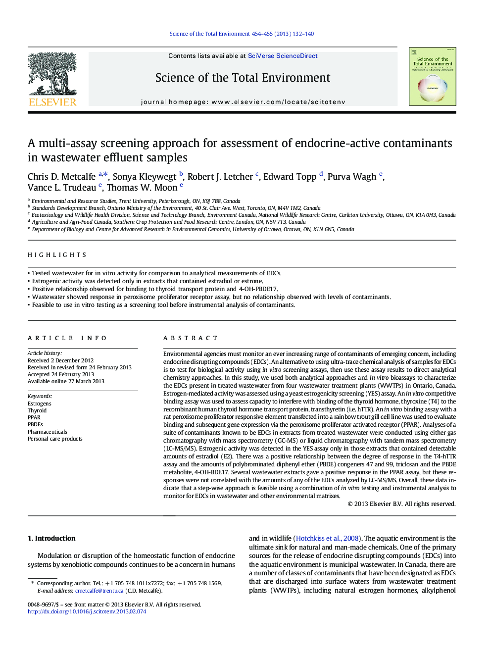 A multi-assay screening approach for assessment of endocrine-active contaminants in wastewater effluent samples