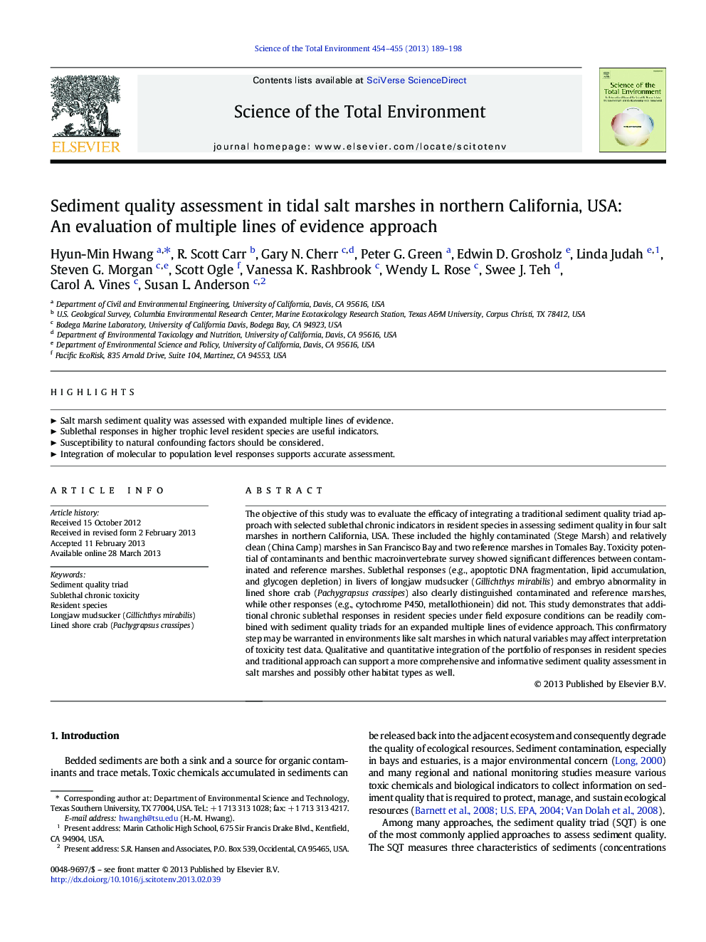 ارزیابی کیفیت رسوبات در نماتدهای نمکی جزر و مد در شمال کالیفرنیا، ایالات متحده آمریکا: ارزیابی خطوط چندگانه رویکرد شواهد 