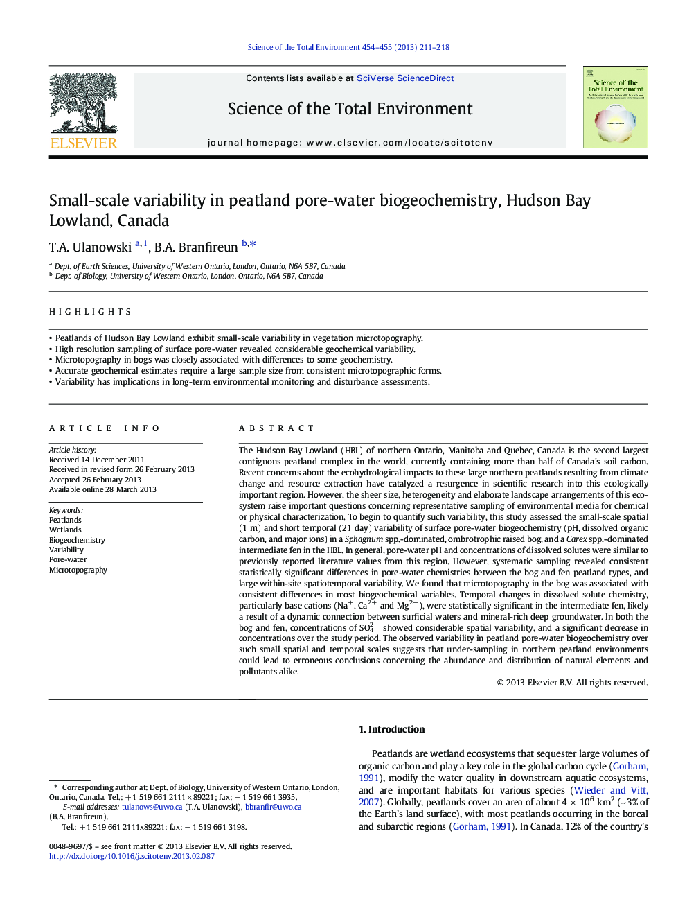 Small-scale variability in peatland pore-water biogeochemistry, Hudson Bay Lowland, Canada