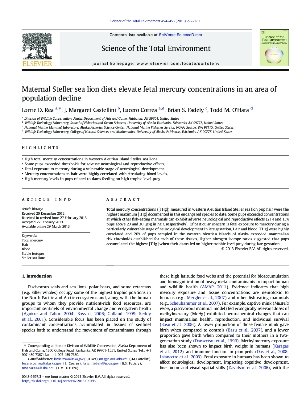 Maternal Steller sea lion diets elevate fetal mercury concentrations in an area of population decline