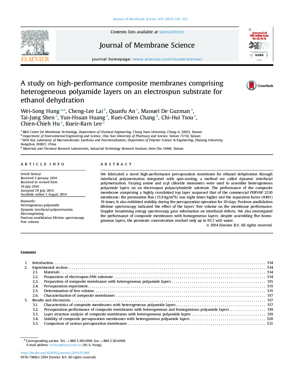 A study on high-performance composite membranes comprising heterogeneous polyamide layers on an electrospun substrate for ethanol dehydration