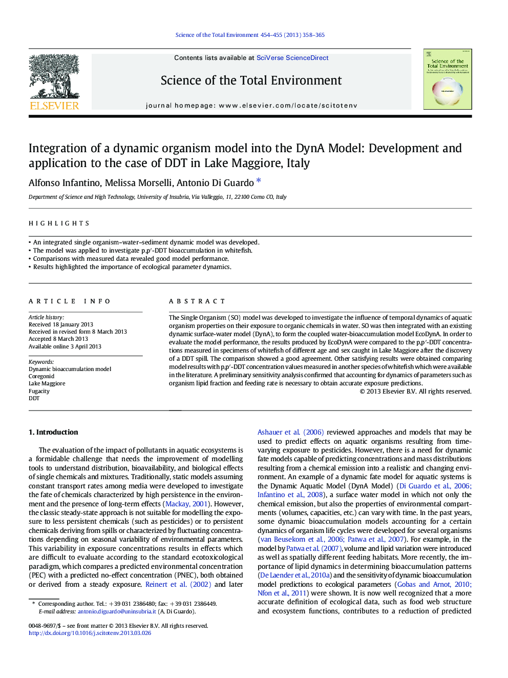 Integration of a dynamic organism model into the DynA Model: Development and application to the case of DDT in Lake Maggiore, Italy