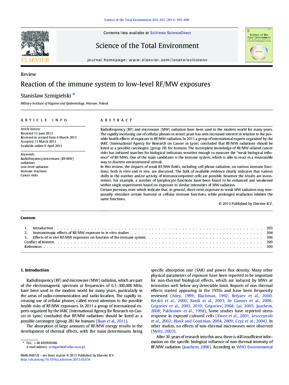 Reaction of the immune system to low-level RF/MW exposures