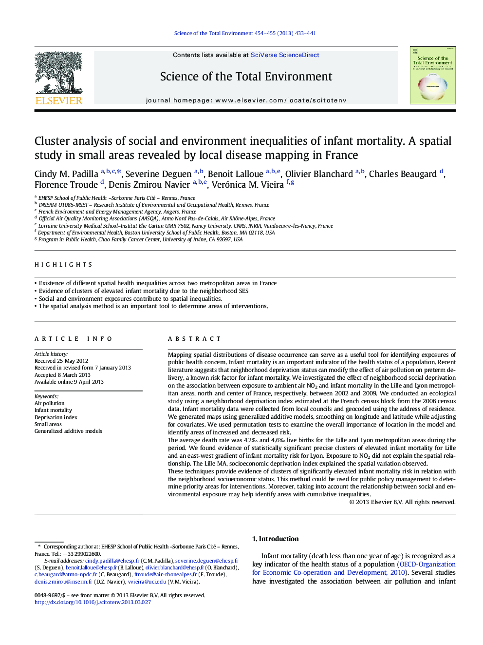 Cluster analysis of social and environment inequalities of infant mortality. A spatial study in small areas revealed by local disease mapping in France