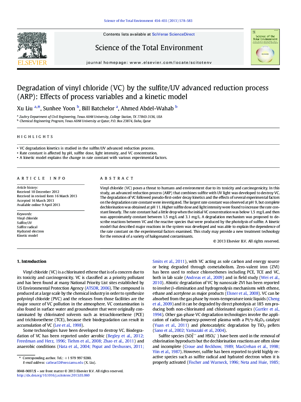 Degradation of vinyl chloride (VC) by the sulfite/UV advanced reduction process (ARP): Effects of process variables and a kinetic model