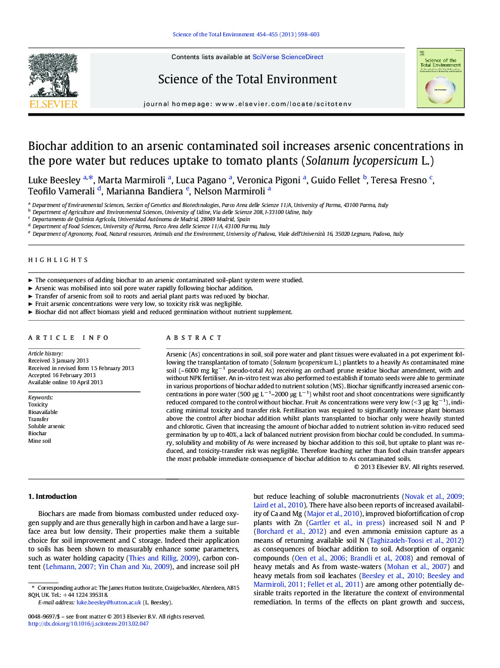 Biochar addition to an arsenic contaminated soil increases arsenic concentrations in the pore water but reduces uptake to tomato plants (Solanum lycopersicum L.)