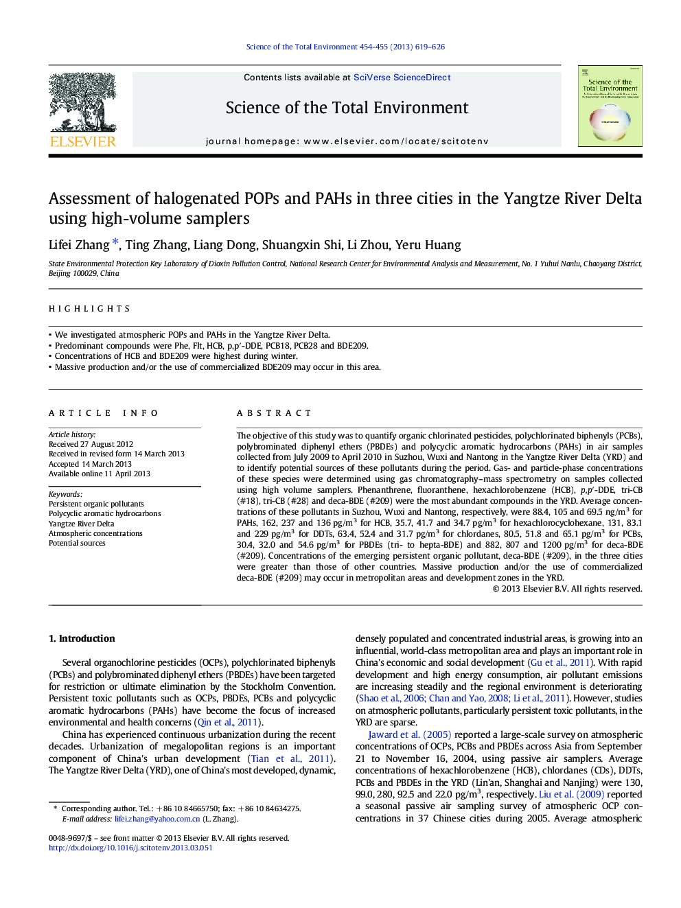 Assessment of halogenated POPs and PAHs in three cities in the Yangtze River Delta using high-volume samplers