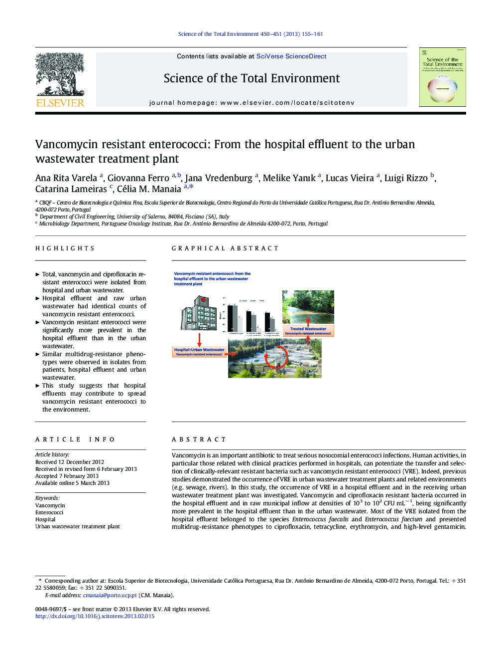 Vancomycin resistant enterococci: From the hospital effluent to the urban wastewater treatment plant