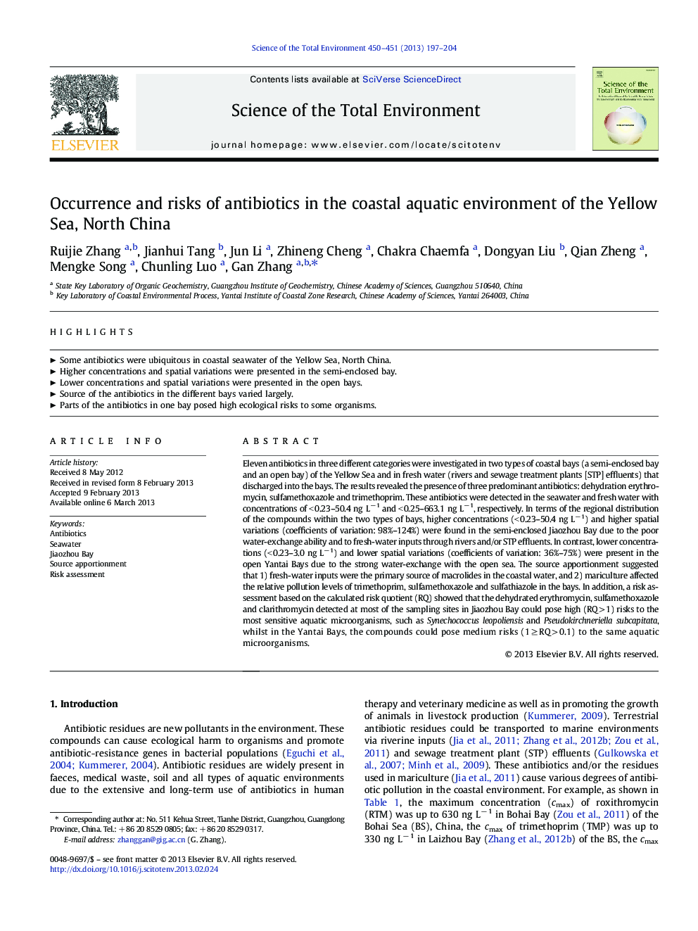 Occurrence and risks of antibiotics in the coastal aquatic environment of the Yellow Sea, North China