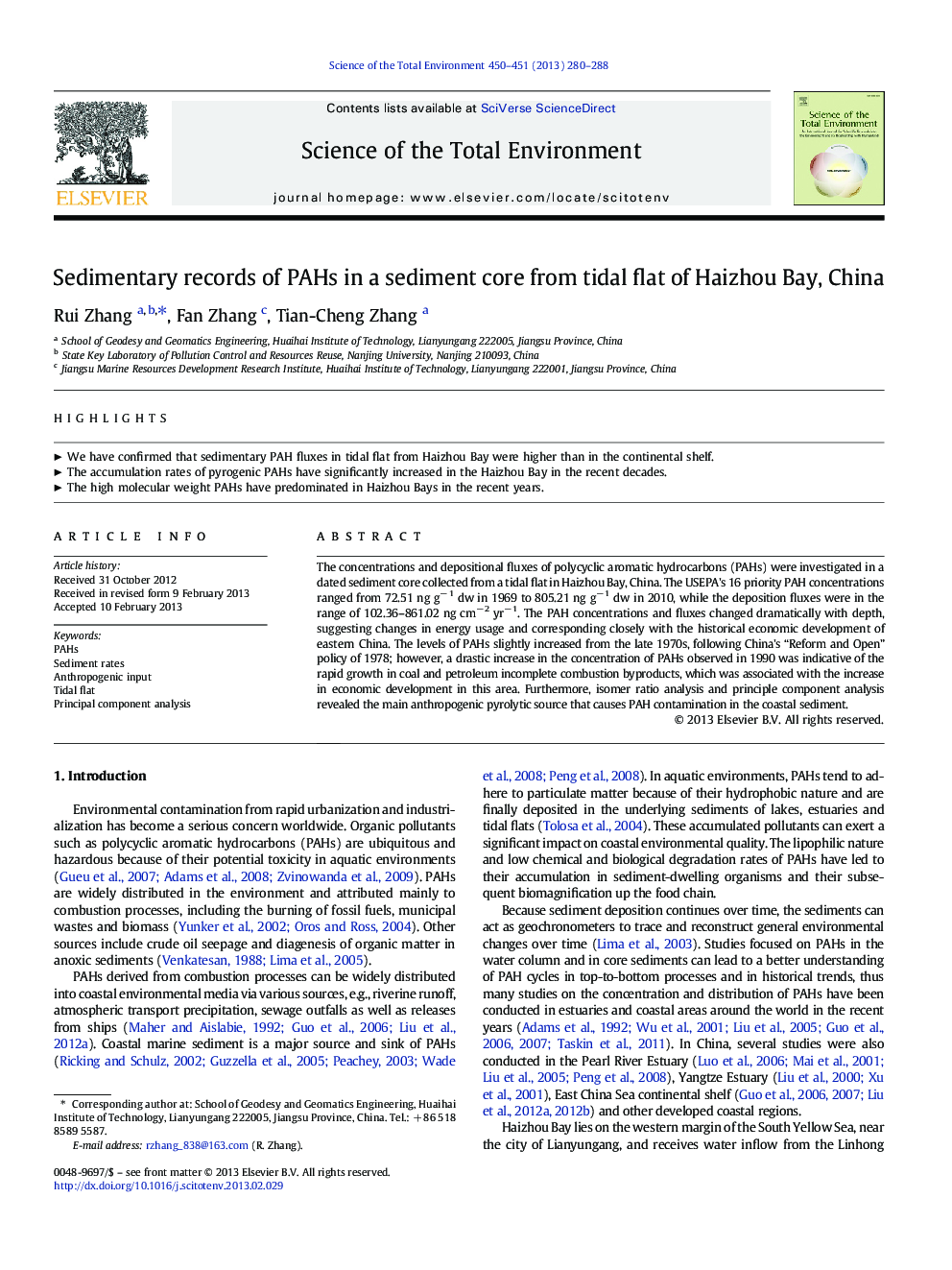 Sedimentary records of PAHs in a sediment core from tidal flat of Haizhou Bay, China