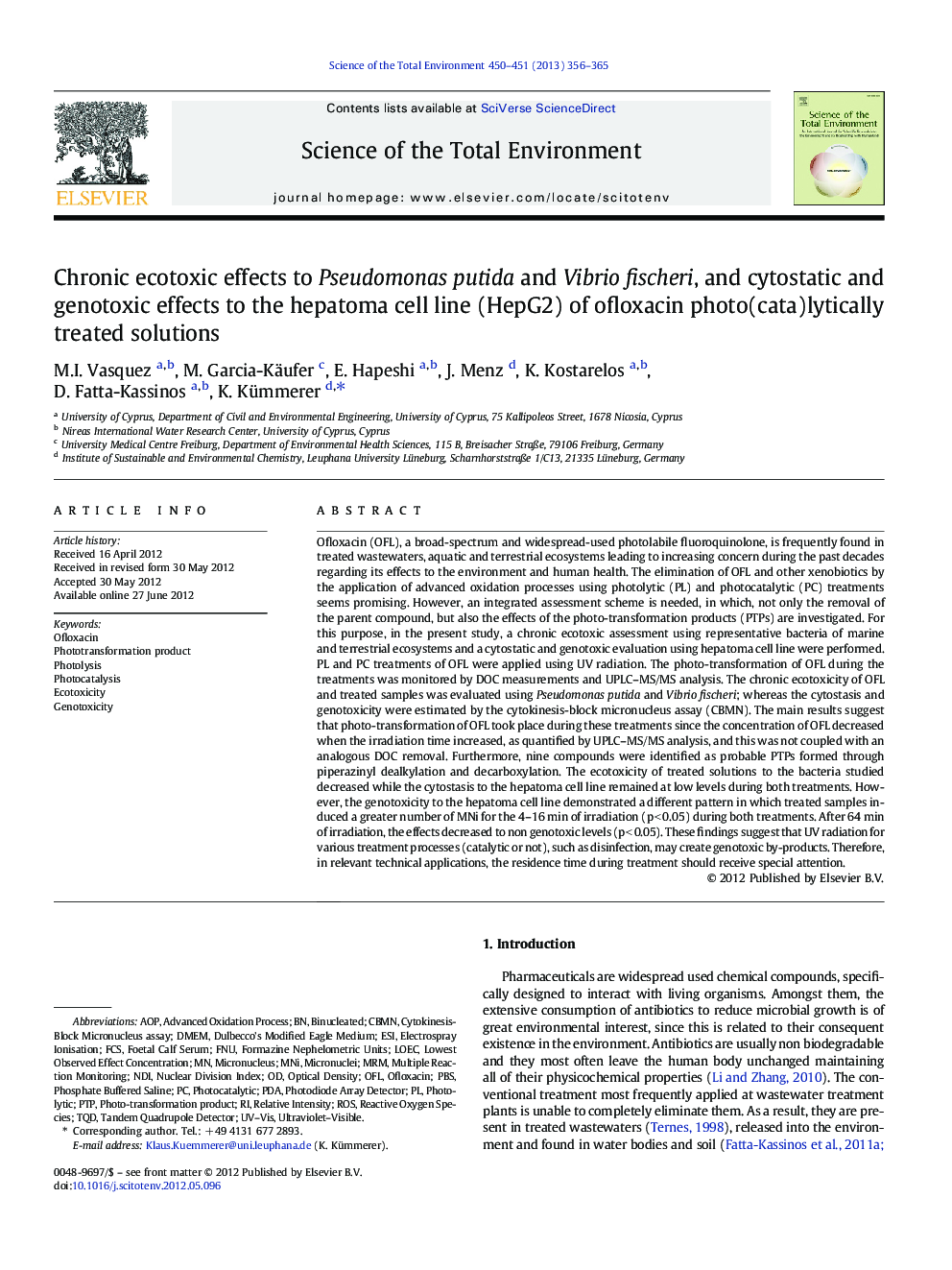 Chronic ecotoxic effects to Pseudomonas putida and Vibrio fischeri, and cytostatic and genotoxic effects to the hepatoma cell line (HepG2) of ofloxacin photo(cata)lytically treated solutions