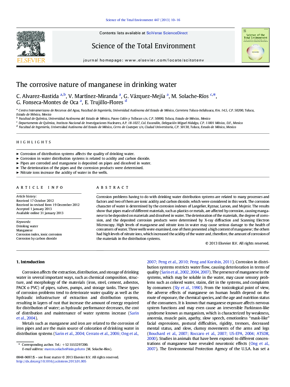 The corrosive nature of manganese in drinking water