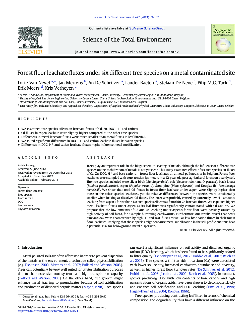 Forest floor leachate fluxes under six different tree species on a metal contaminated site