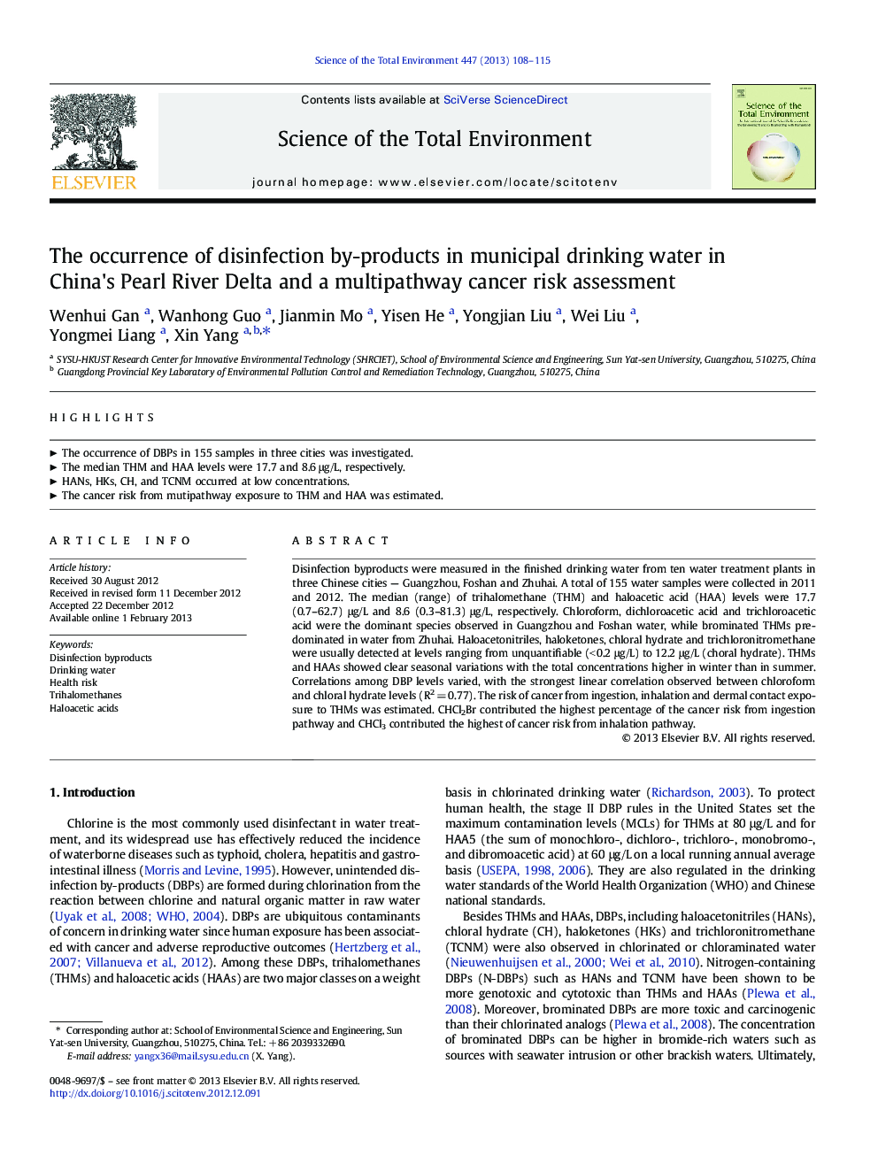 The occurrence of disinfection by-products in municipal drinking water in China's Pearl River Delta and a multipathway cancer risk assessment