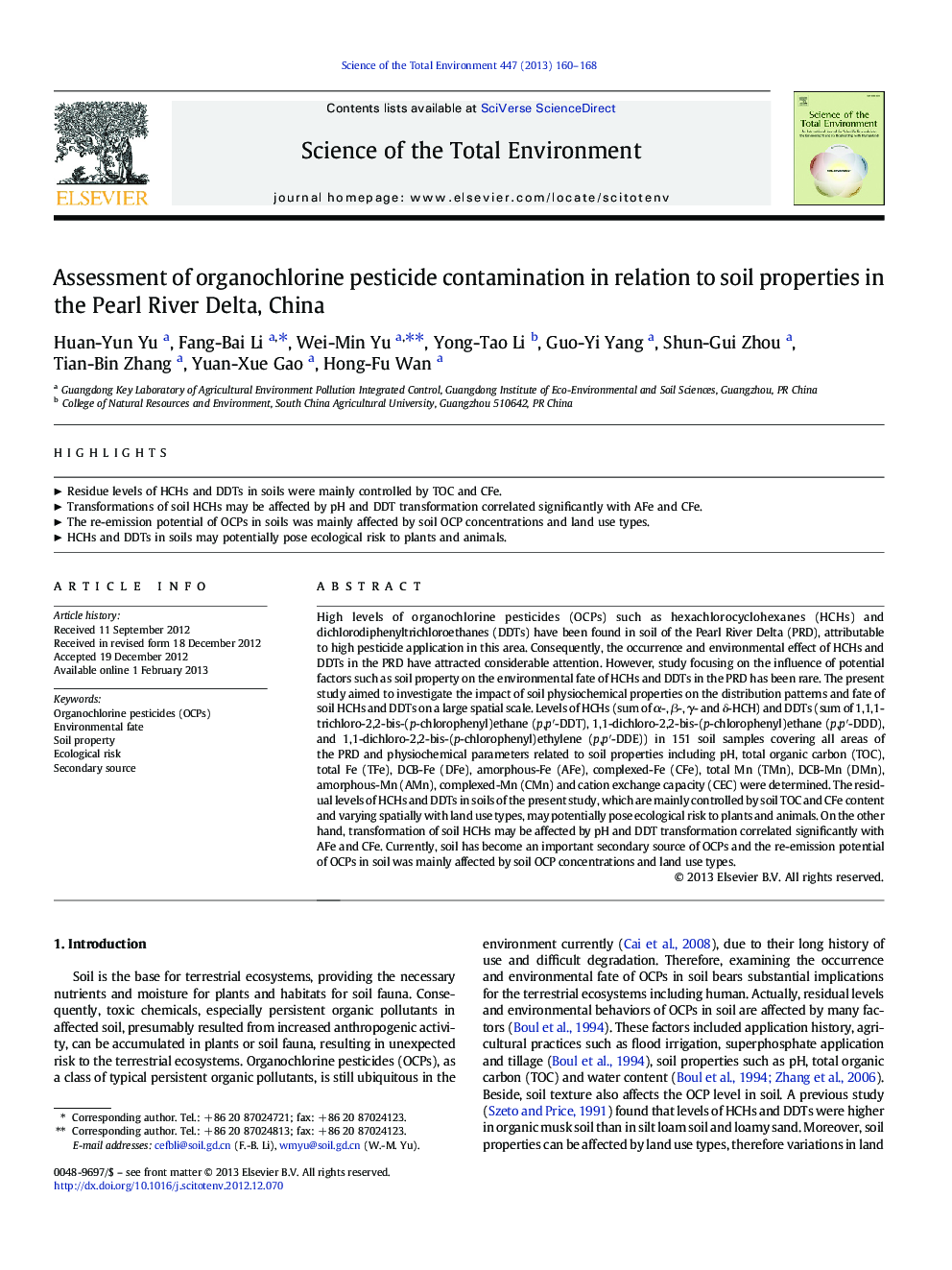 Assessment of organochlorine pesticide contamination in relation to soil properties in the Pearl River Delta, China