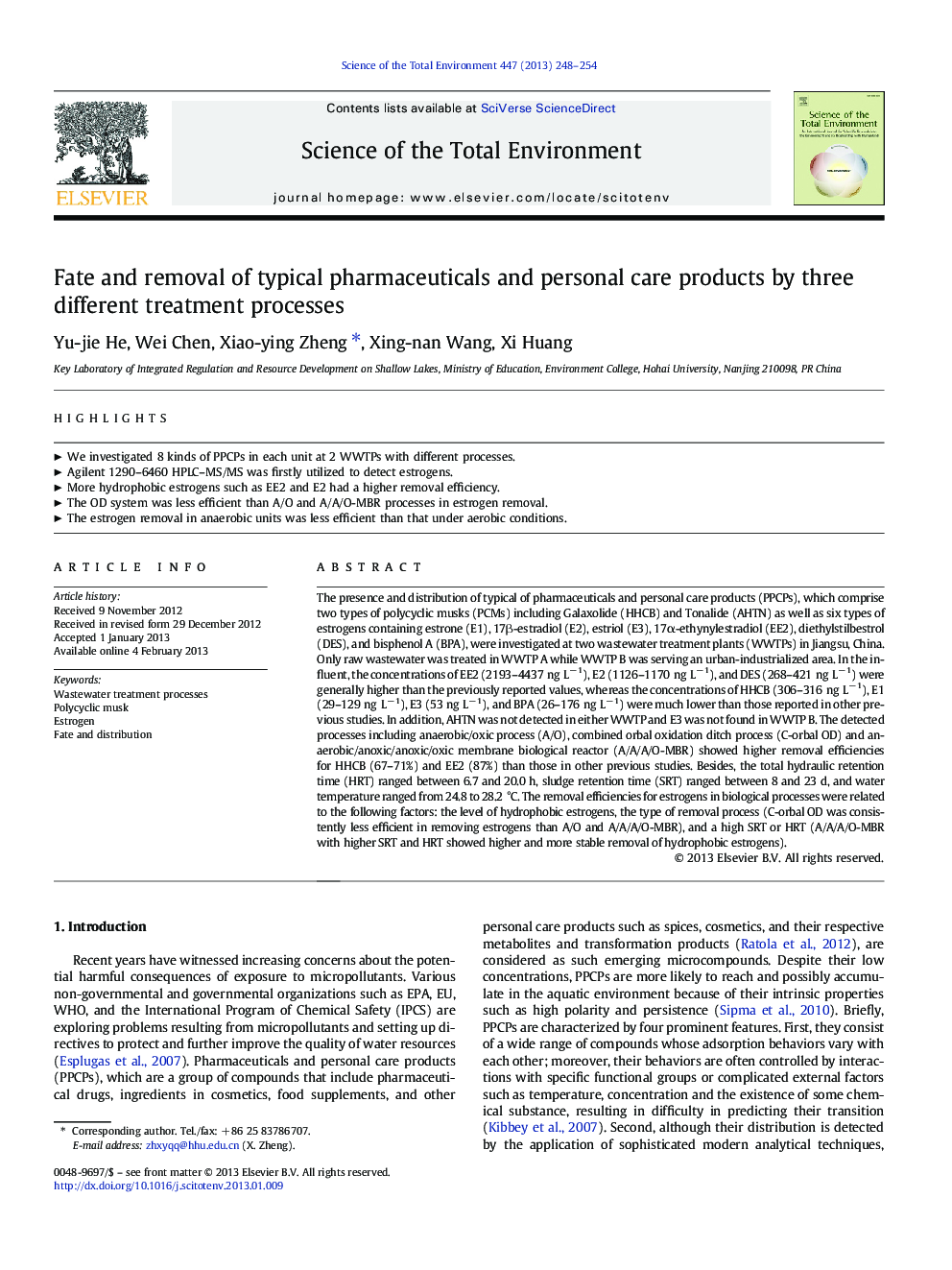 Fate and removal of typical pharmaceuticals and personal care products by three different treatment processes