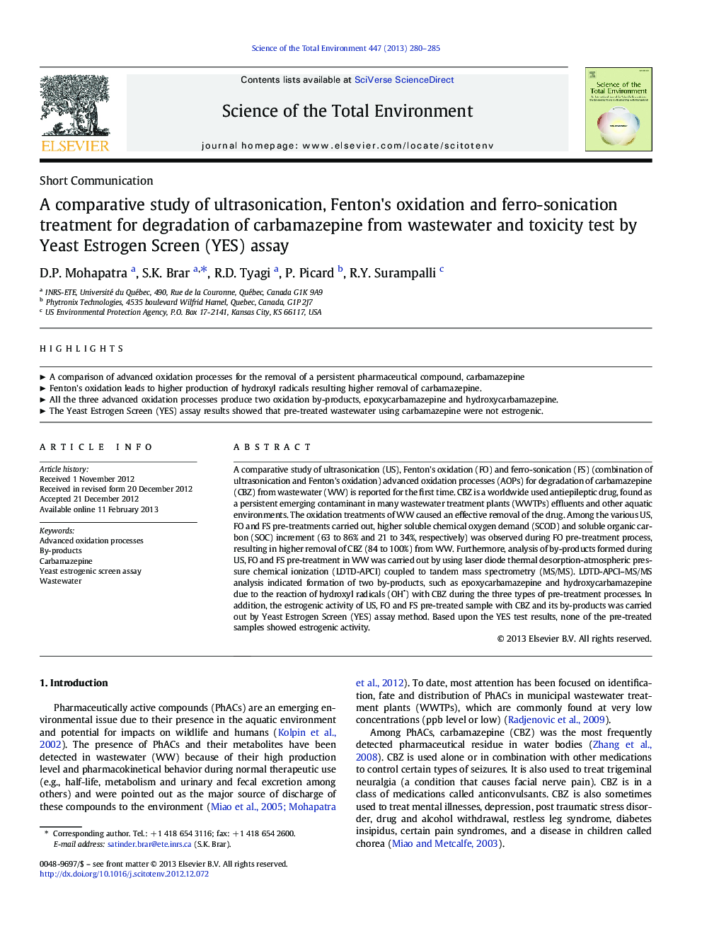 A comparative study of ultrasonication, Fenton's oxidation and ferro-sonication treatment for degradation of carbamazepine from wastewater and toxicity test by Yeast Estrogen Screen (YES) assay