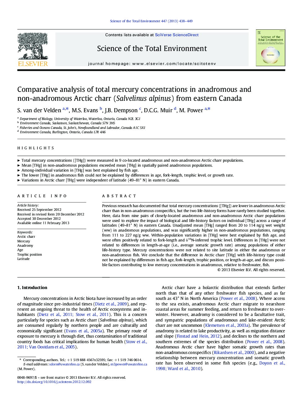 Comparative analysis of total mercury concentrations in anadromous and non-anadromous Arctic charr (Salvelinus alpinus) from eastern Canada