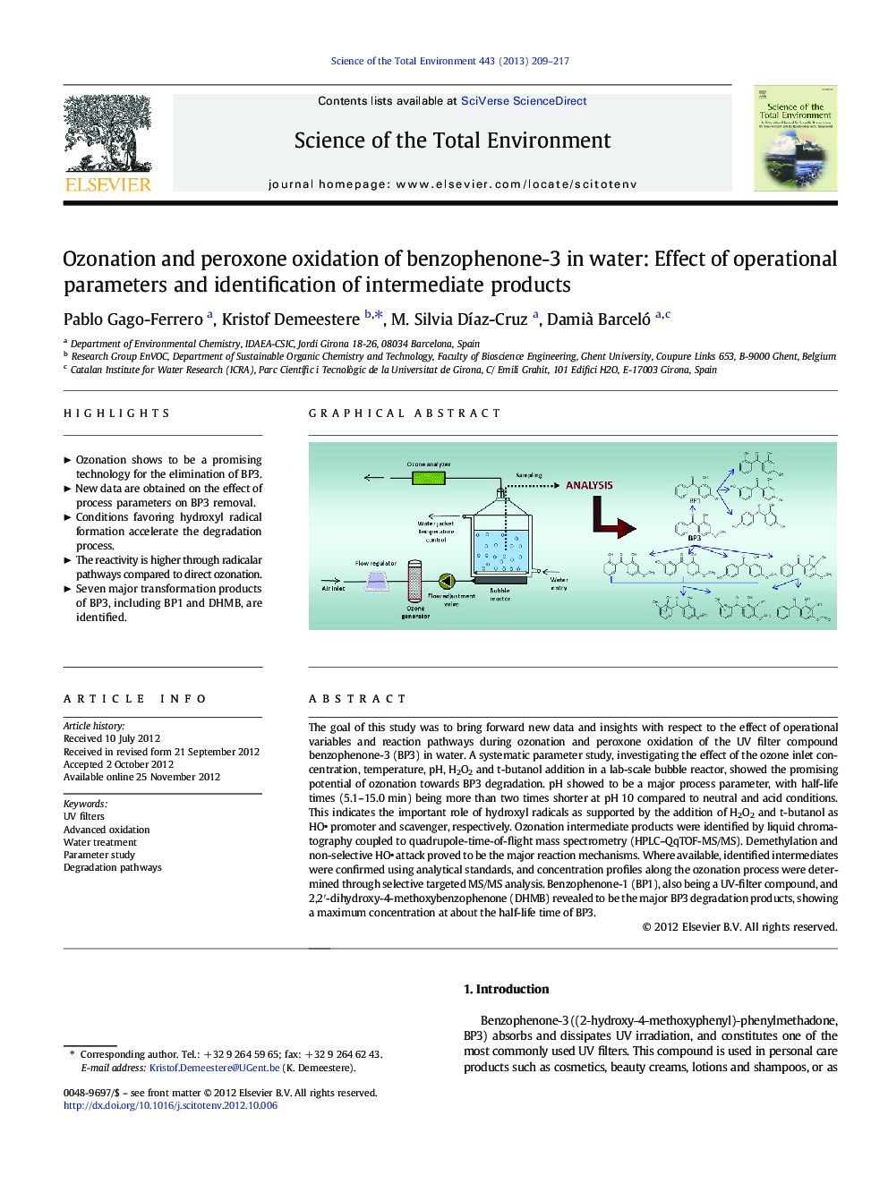 استحکام و پراکسون اکسیداسیون بنزوفنون-3 در آب: اثر پارامترهای عملیاتی و شناسایی محصولات میانی 