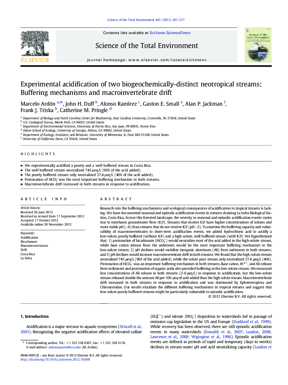 Experimental acidification of two biogeochemically-distinct neotropical streams: Buffering mechanisms and macroinvertebrate drift
